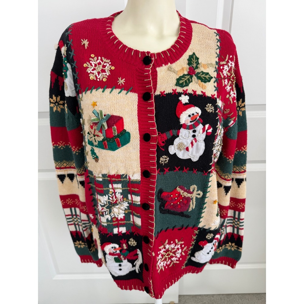 Vintage Tiara International Christmas Patchwork Cardigan L